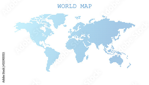 Dotted blank blue world map isolated on white background. World map vector template for website, infographics, design. Flat earth world map with round dots illustration.
