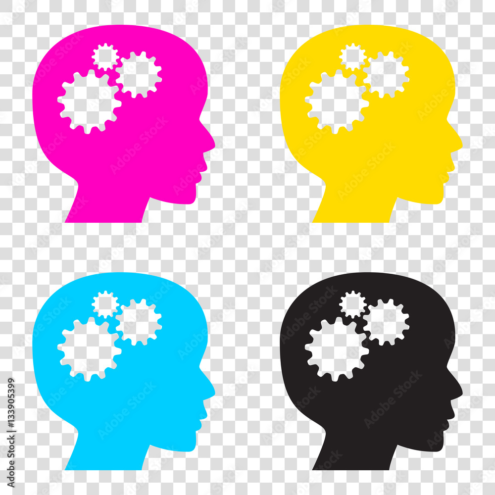 Thinking head sign. CMYK icons on transparent background. Cyan,