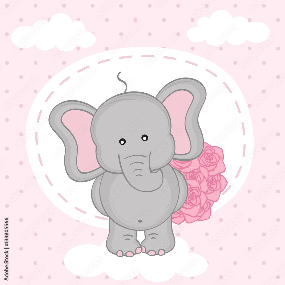elephant with bouquet of roses on cloud - vector illustration, eps elephant with bouquet of roses on cloud - vector illustration, eps