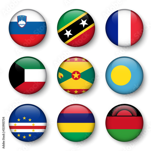 Set of world flags round badges ( Slovenia . Saint Kitts and Nevis . France . Kuwait . Grenada . Palau . Cape Verde . Mauritius . Malawi )