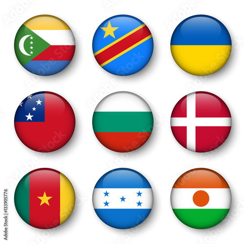 Set of world flags round badges ( Comoros . Democratic Republic of the Congo . Ukraine . Samoa , Bulgaria . Denmark . Cameroon . Honduras . Niger )