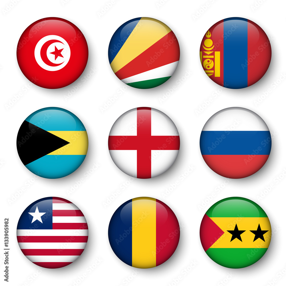 Set of world flags round badges ( Tunisia . Seychelles . Mongolia . Bahamas . England . Russia . Liberia . Chad . Sao Tome and Principe )