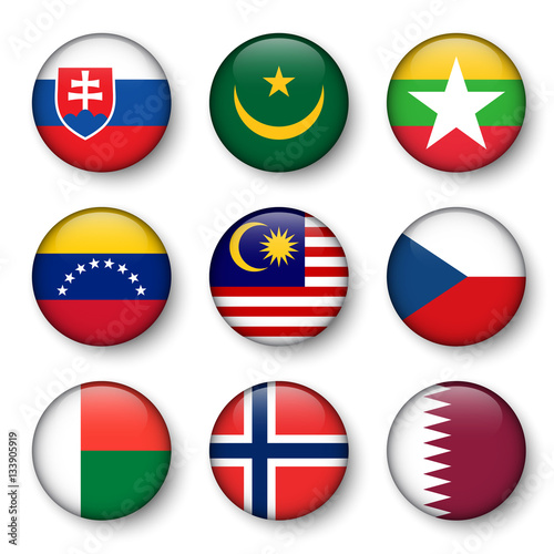 Set of world flags round badges ( Slovakia . Mauritania . Myanmar . Venezuela . Malaysia . Czech . Madagascar . Norway . Qatar )