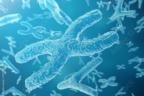 Chromosomes on scientific background. Life and biology, medicine scientific concept with focus effect, 3d rendering © rost9