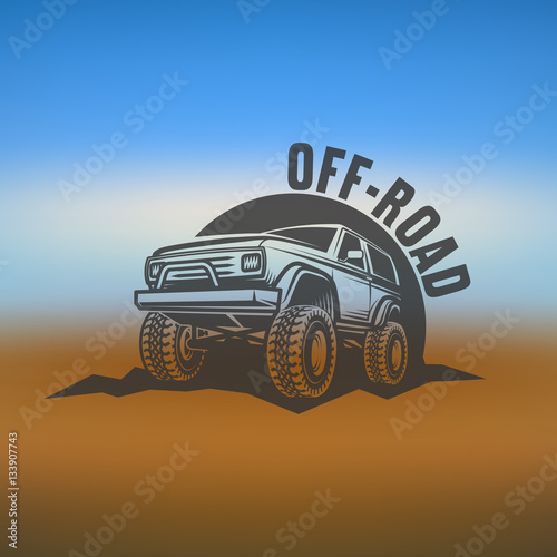 off-road suv car monochrome labels, emblems, badges or logos on blurred background. Off-roading trip