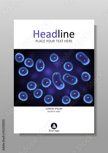 Blue cell culture with nucleus vector cover design. A4.