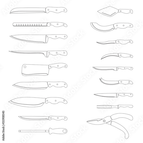 Cutlery Set. Abstract kitchen tools silhouettes outline set. Kitchen utensil. Vector illustration