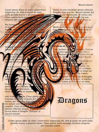 Furious Dragon drawing on old vintage book page