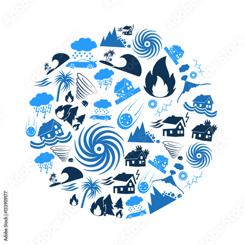 various natural disasters problems in the world blue icons in circle eps10 photo