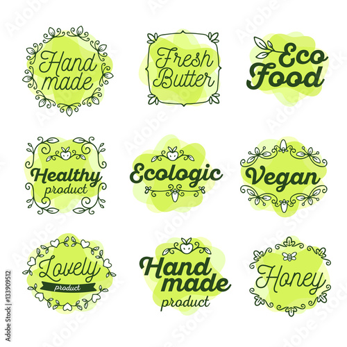 Vector set of eco watercolor badges with text. Logo green color