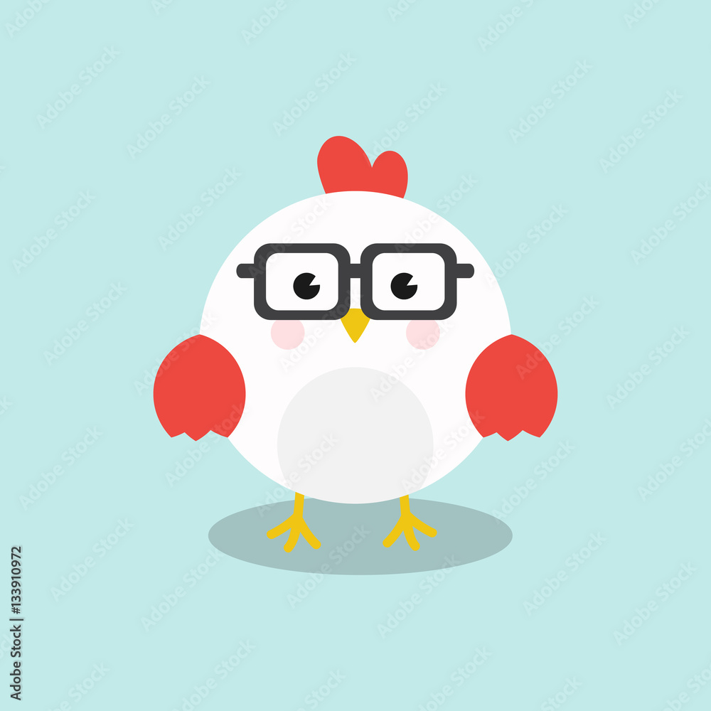 A Cute chicken/Rooster Geek, nerd character with funny nerd glasses isolated on sky blue background. Flat design vector illustration for greeting, invitation card.