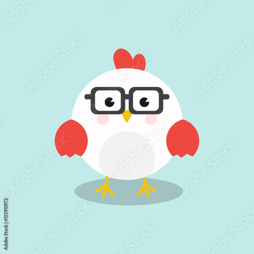 A Cute chicken/Rooster Geek, nerd character with funny nerd glasses isolated on sky blue background. Flat design vector illustration for greeting, invitation card.
