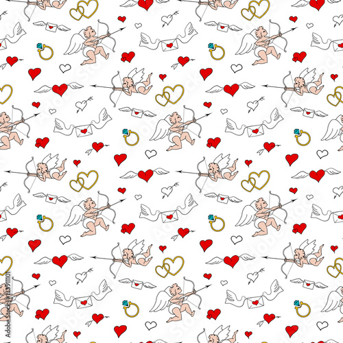 Seamless pattern with angels and hearts in doodle style. Valentines Day. Romantic love hand draw on white background