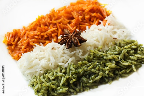 Rice Pulao in Indian flag color / Indian republic day food , selective focus photo