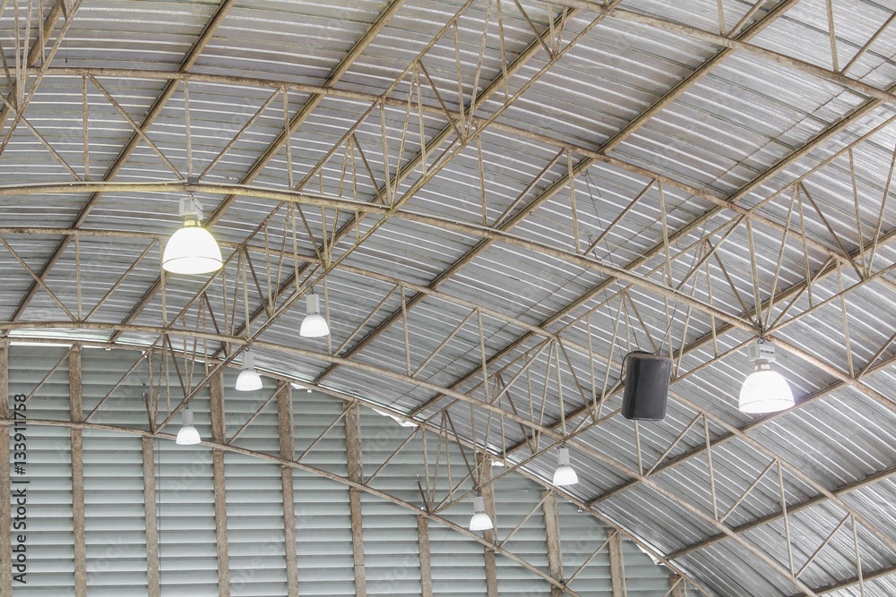 carpark metal roof structure and lamp, steel industrial building
