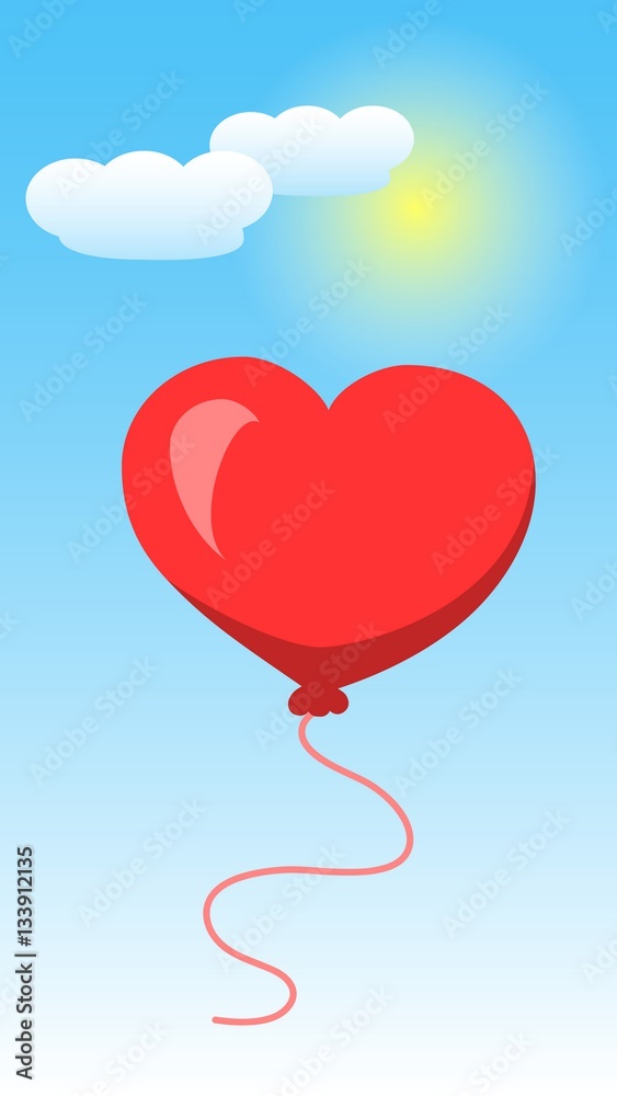 Heart Shape Of Baloon on Blue Sky and White Clouds. Valentines Day. Vector illustration