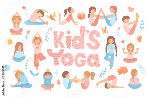 Cute kids doing yoga exercises. Yoga kids set. Gymnastics for children and healthy lifestyle. Vector illustration.