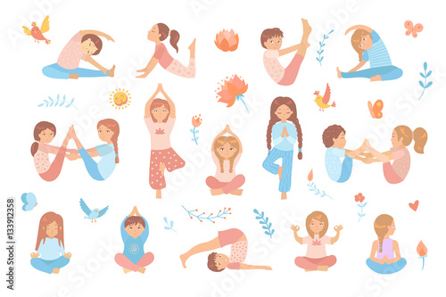 Cute kids doing yoga exercises. Yoga kids set. Gymnastics for children and healthy lifestyle. Vector illustration.