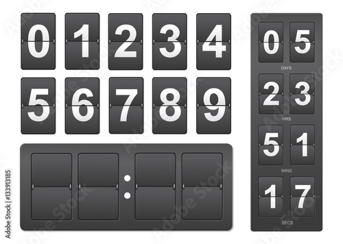 Countdown timer. Black mechanical scoreboard panel illustration on white background for design