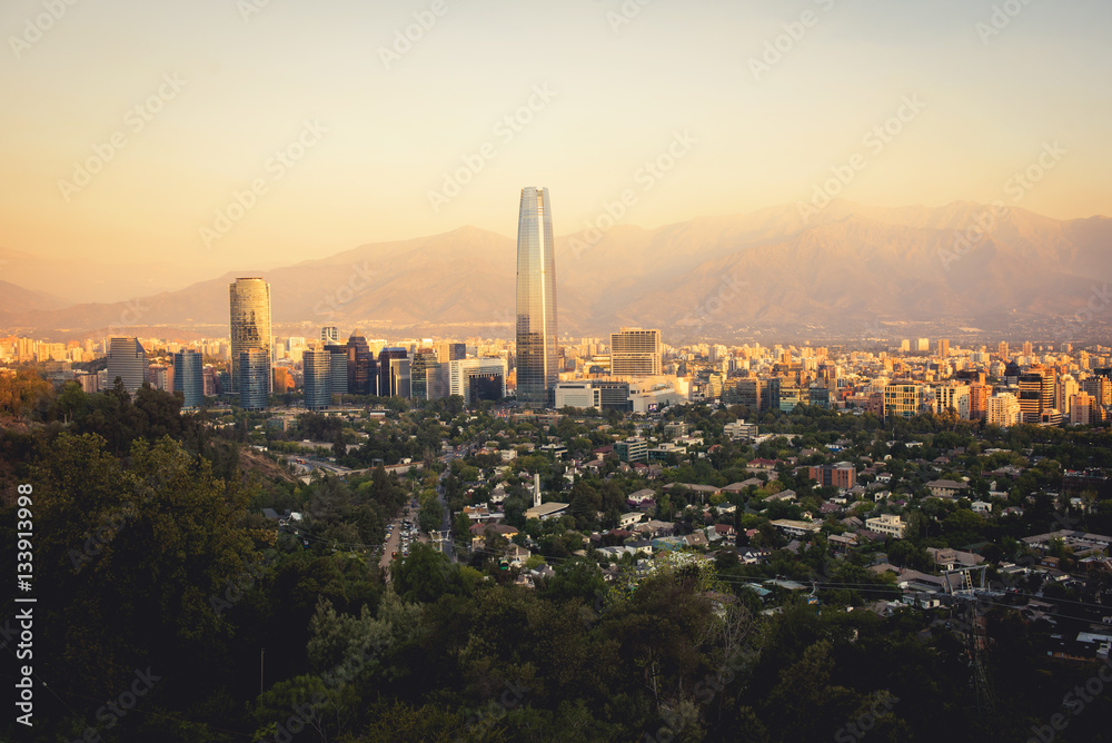 Cityscape of Santiago de Chile at dawn.