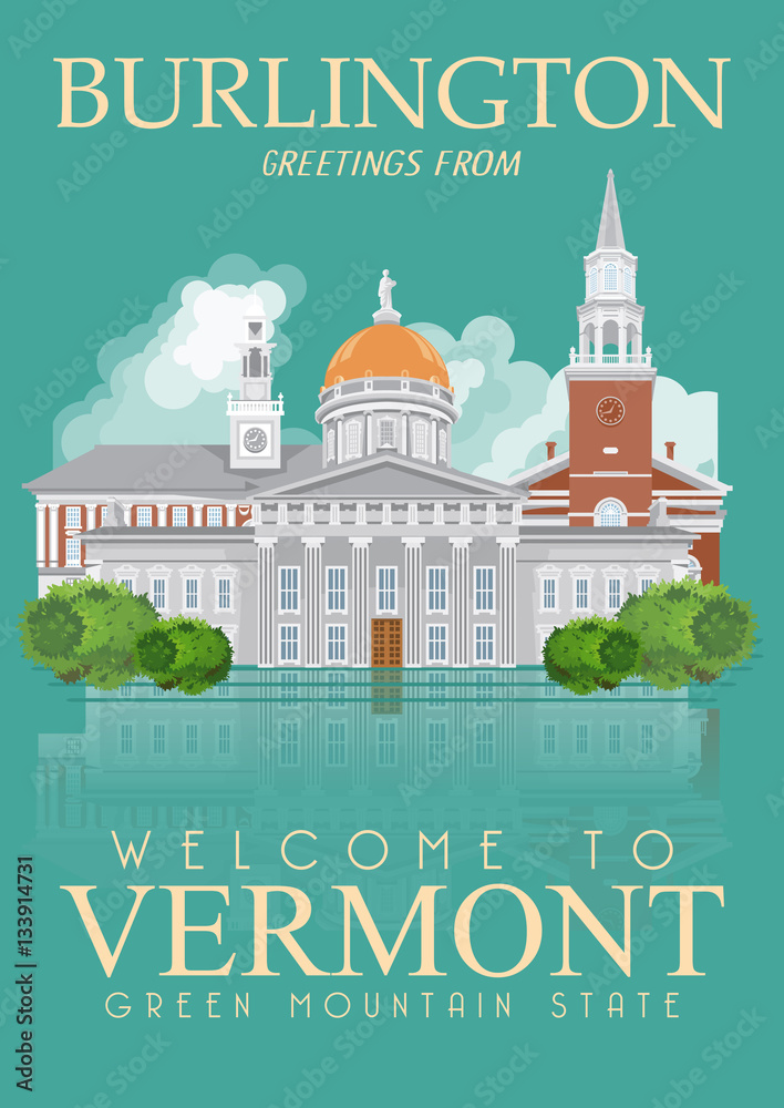 Vermont vector american poster. USA travel illustration. United States of America colorful greeting card, Burlington.