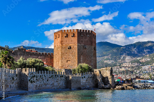 Red tower (Kizil Kule) in Alanya on a cloudy day, Turkey