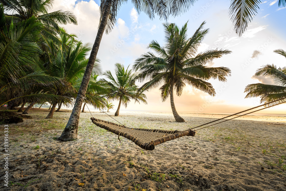Hammock between palms on sandy beach