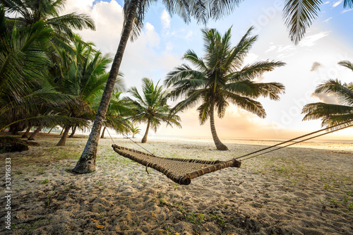 Hammock between palms on sandy beach photo
