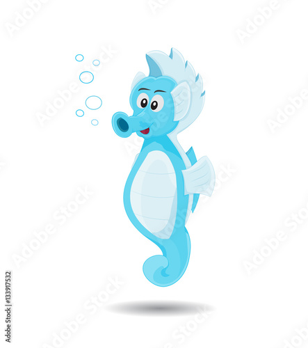 Cartoon adorable sea horse in blue color with bubble isolated