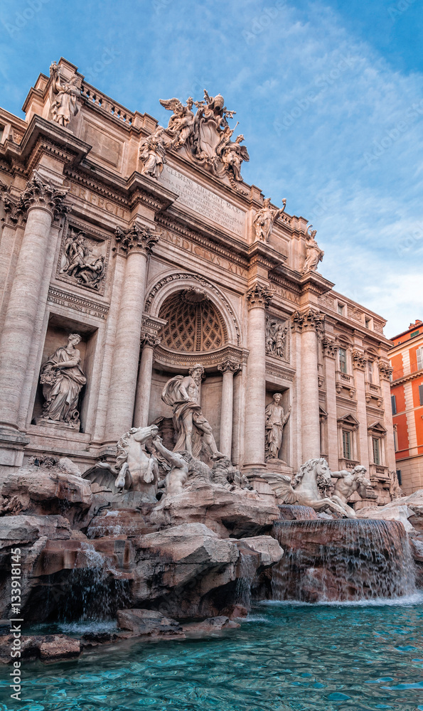 The ornate facade of the Trevi Fountain, Rome