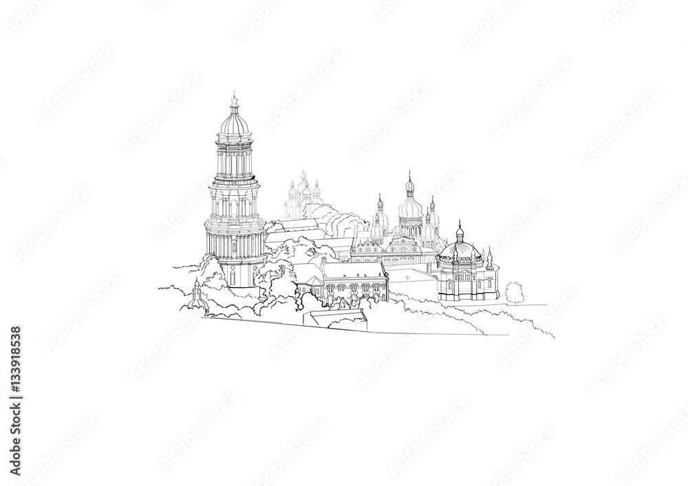 Naklejka premium City panorama Vector illustration. Hand drawn line sketch Europe