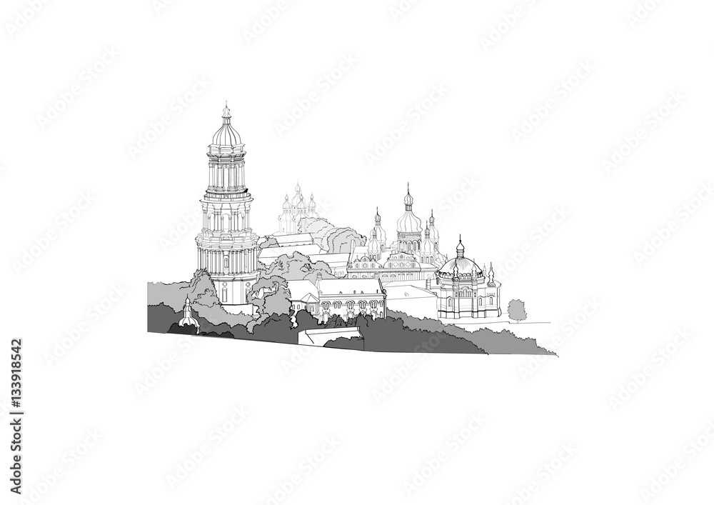 City panorama Vector illustration. Hand drawn line sketch Europe