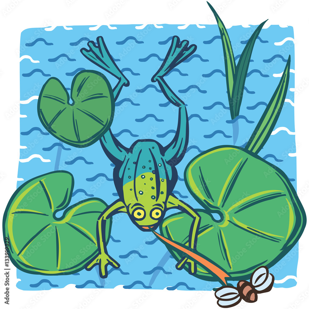 Frog lounging on lily pads, catching a bug. Stock Vector