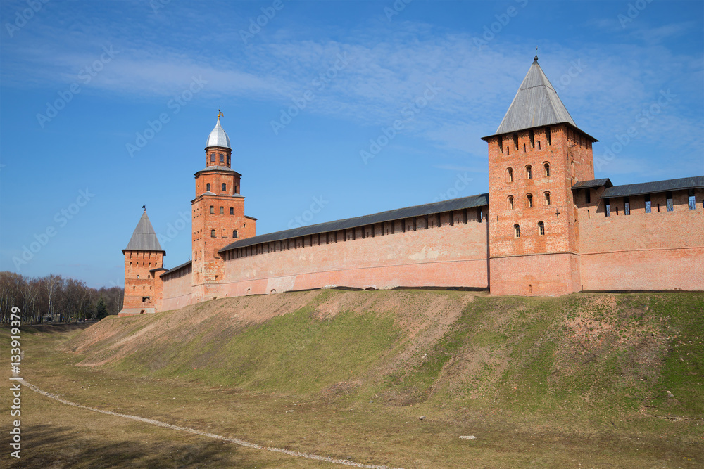 View of towers of the Kremlin of Veliky Novgorod in the sunny April day. Russia View of towers of the Kremlin of Veliky Novgorod in the sunny April day. Russia