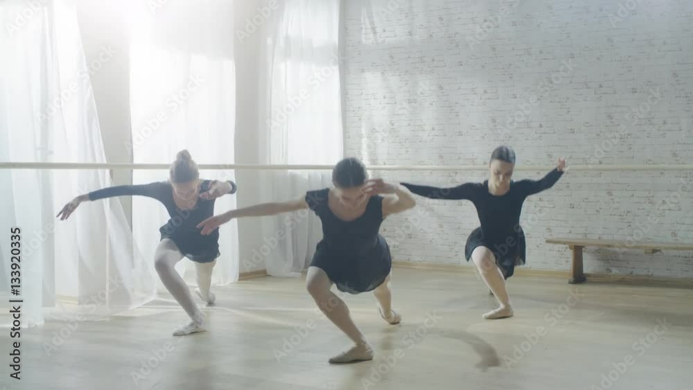 Three Young and Gorgeous Ballerinas Synchronously Dancing. Shot on a Sunny Morning in a Bright and Spacious Studio. Shot on RED EPIC-W 8K Helium Cinema Camera. Three Young and Gorgeous Ballerinas Synchronously Dancing. Shot on a Sunny Morning in a Bright and Spacious Studio. Shot on RED EPIC-W 8K Helium Cinema Camera.