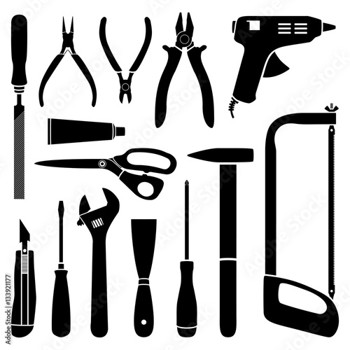 Vector black & white working tools collection for construction and repair	