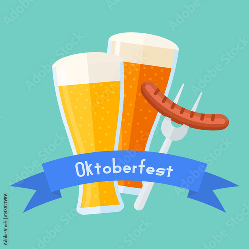 Oktoberfest poster design template. Beer glasses with sausage. Beer festival card. Vector illustration.