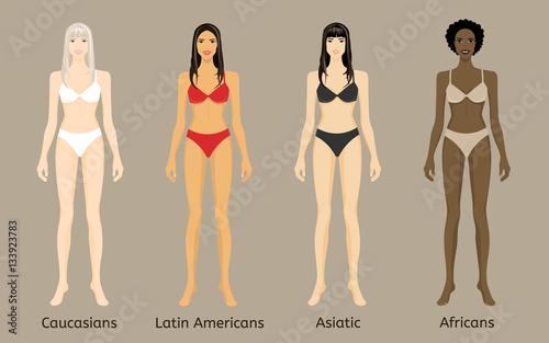 Figure four young women in lingerie isolated. Caucasian, Asian, African and Latin American. The template for your design