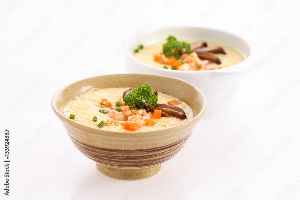 Steamed Egg with shrimp on white Background. Steamed Egg with shrimp on white Background.