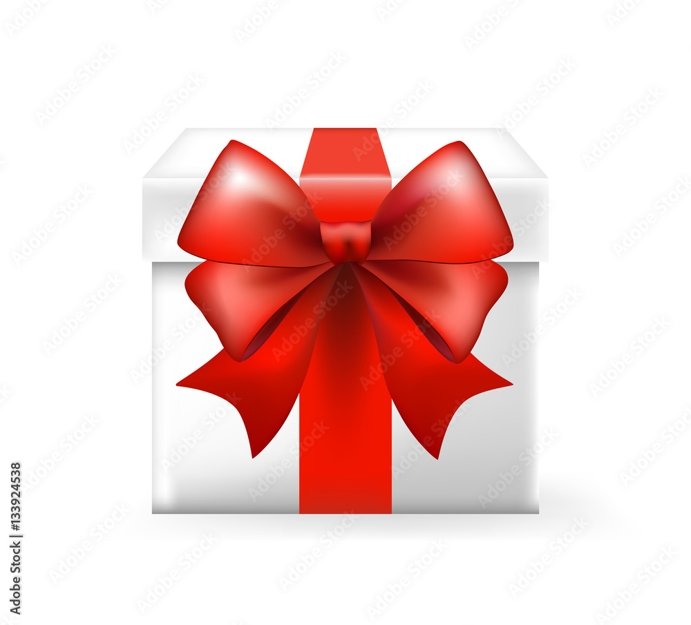 3d Realistic White Gift Box with Red Bow. Isolated Vector Element.