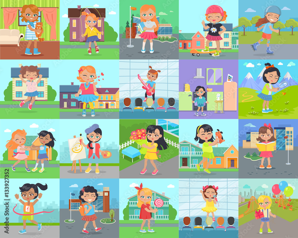 Little Girl Leisure and Hobby Vector Concepts Set