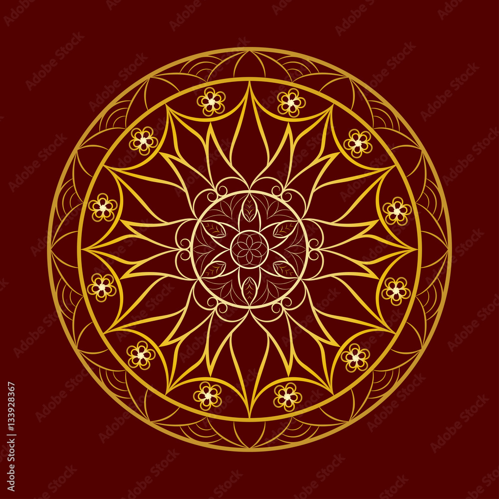 Vector Flower Gold Mandala over Dark Red Vector Flower Gold Mandala over Dark Red