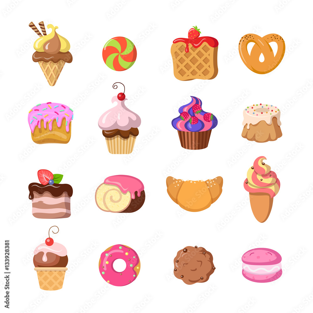 Set of Funny Sweets in Flat Design. Confectionery Set of Funny Sweets in Flat Design. Confectionery