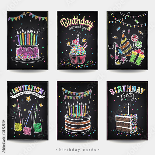 Set of Birthday Invitation cards. A piece of birthday cake with candle and gift