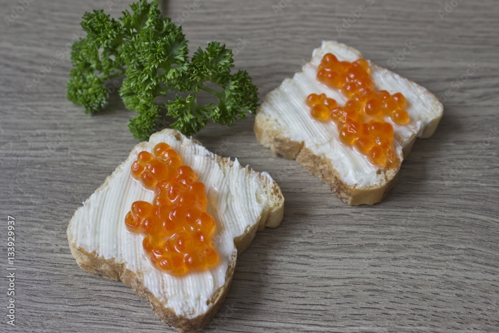 toasts with red caviar