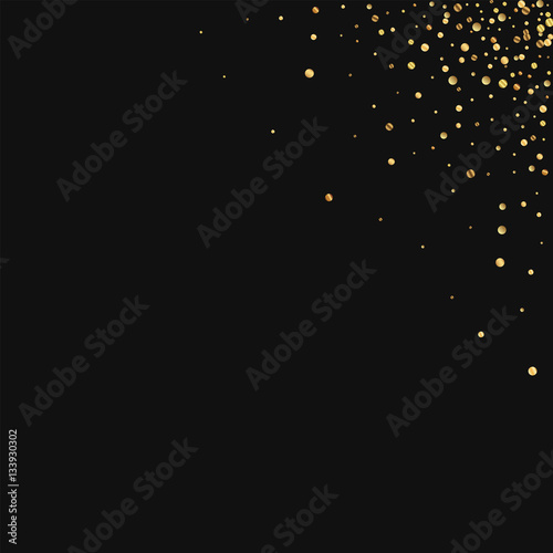 Gold confetti. Top right corner gradient on black background. Vector illustration.