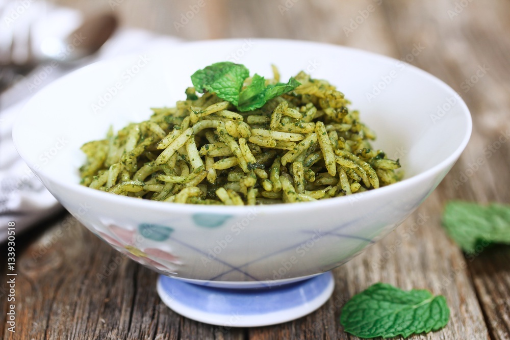 Healthy Mint Rice on wooden background, selective focus Healthy Mint Rice on wooden background, selective focus