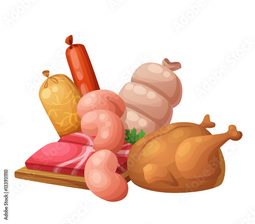 Sausages and meat, chicken. Cartoon vector illustration isolated on white background