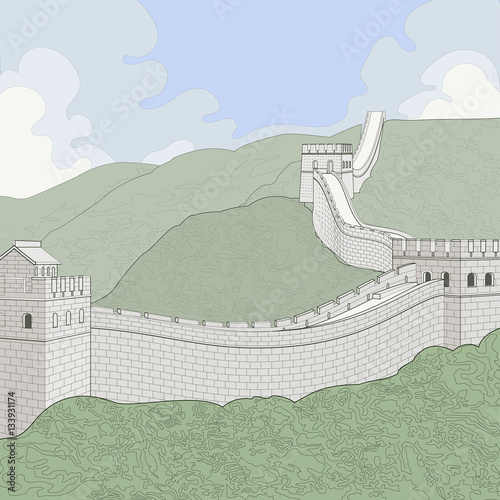 Photo Linier topigraphical style rendering of the Great Wall of China looking up a hil