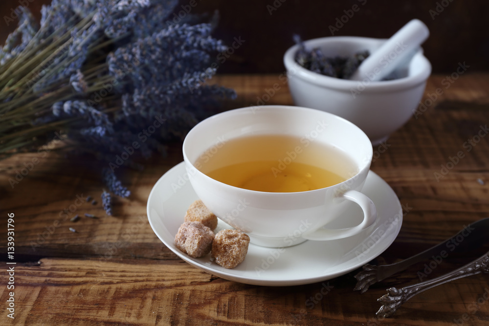Aromatic lavender tea and bunch of dry lavender Aromatic lavender tea and bunch of dry lavender